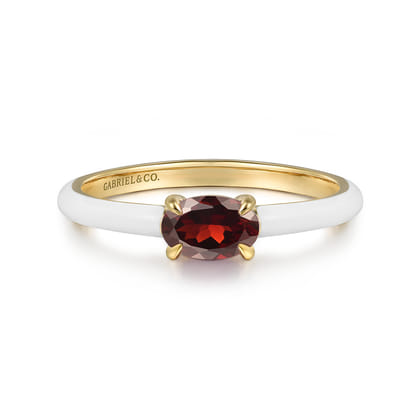 Enamel - 14K Yellow Gold Garnet Cocktail Stackable with White Enamel
