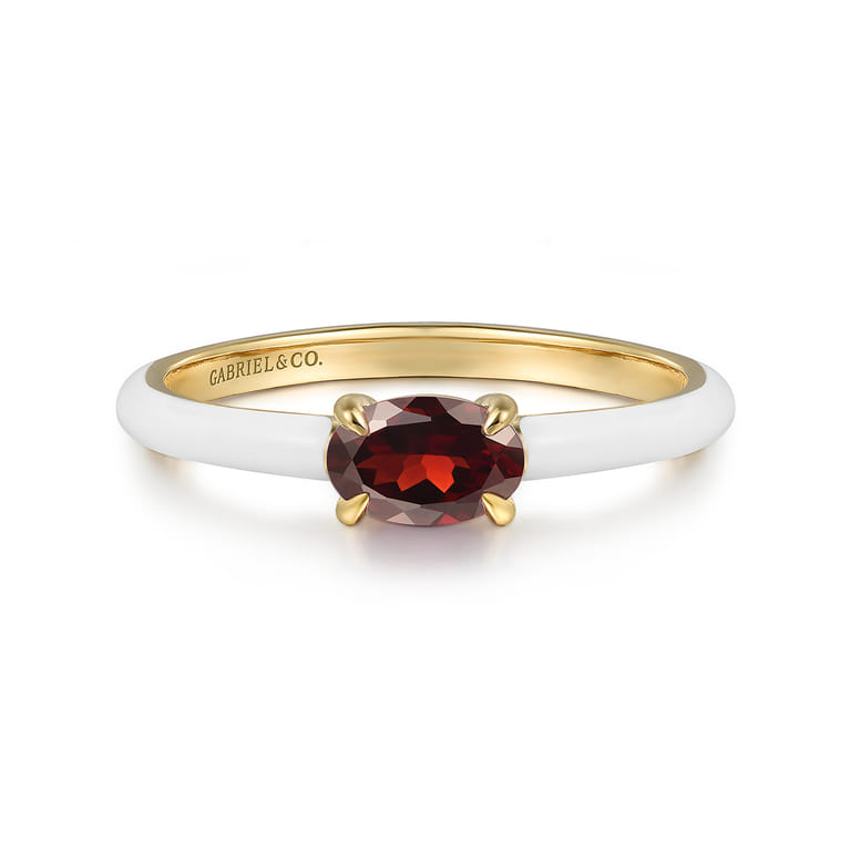 Enamel - 14K Yellow Gold Garnet Cocktail Stackable with White Enamel - Shot 1