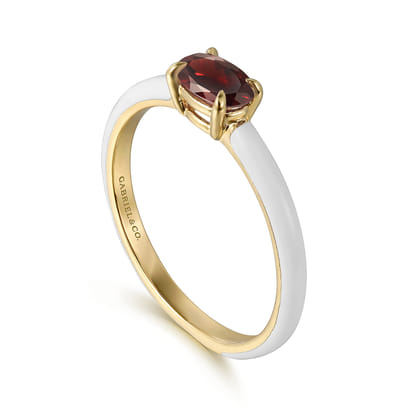 Enamel - 14K Yellow Gold Garnet Cocktail Stackable with White Enamel