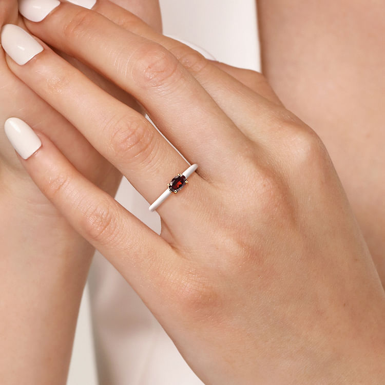 Enamel - 14K Yellow Gold Garnet Cocktail Stackable with White Enamel