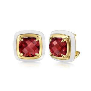 Enamel - 14K Yellow Gold Garnet Earrings with White Enamel