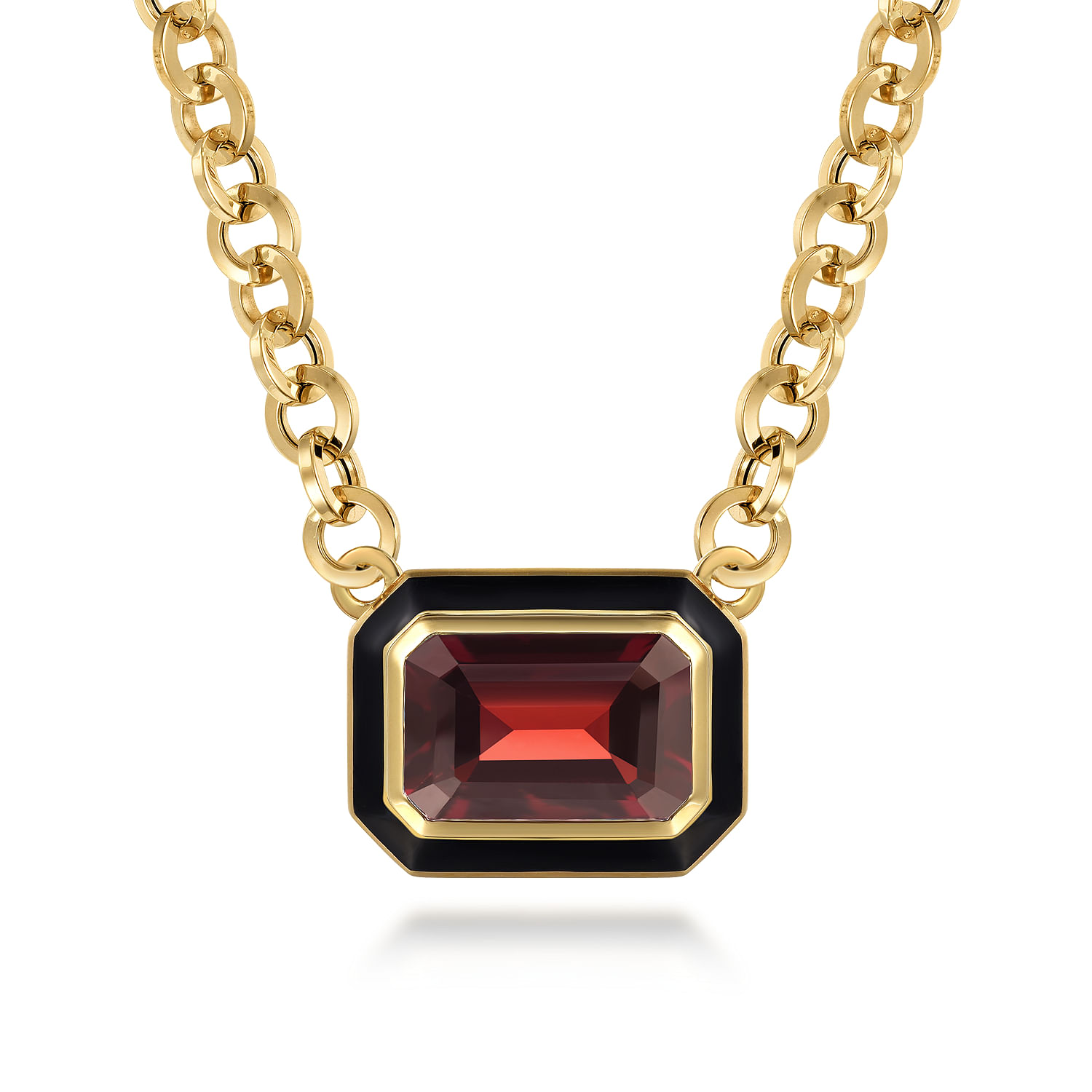 Enamel - 14K Yellow Gold Garnet Necklace With Flower Pattern J-Back and Black Enamel