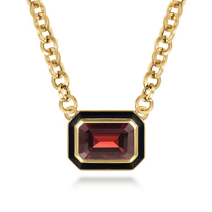 Enamel - 14K Yellow Gold Garnet Necklace With Flower Pattern J-Back and Black Enamel