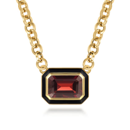 Enamel - 14K Yellow Gold Garnet Necklace With Flower Pattern J-Back and Black Enamel