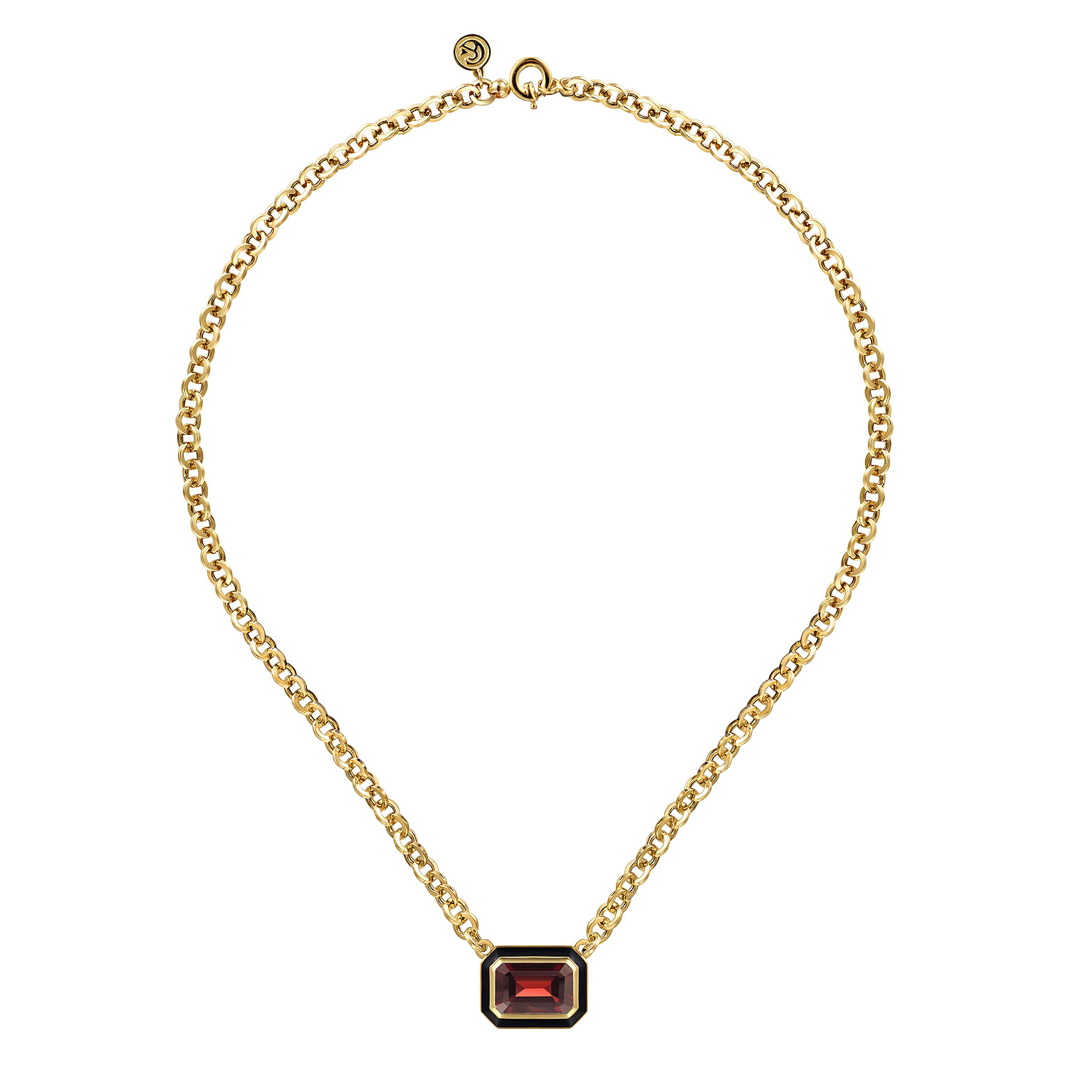 Enamel - 14K Yellow Gold Garnet Necklace With Flower Pattern J-Back and Black Enamel