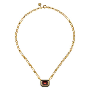 Enamel - 14K Yellow Gold Garnet Necklace With Flower Pattern J-Back and Black Enamel