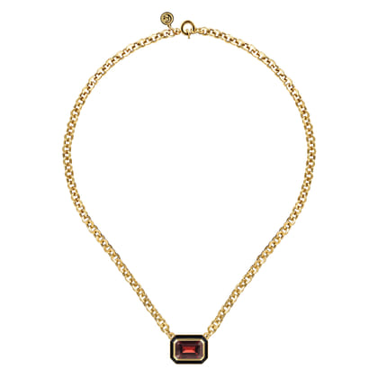 Enamel - 14K Yellow Gold Garnet Necklace With Flower Pattern J-Back and Black Enamel
