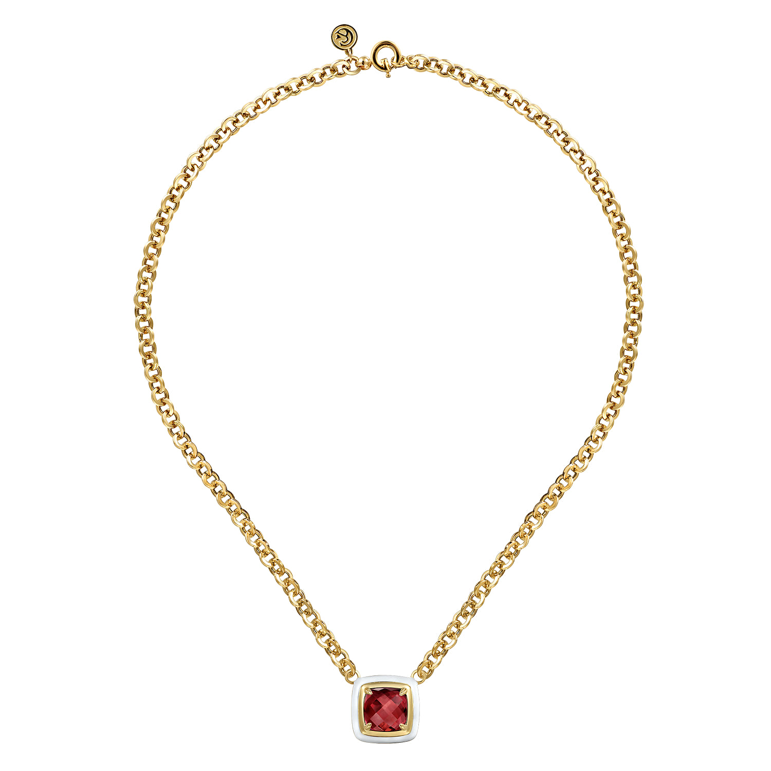 Enamel - 14K Yellow Gold Garnet Necklace With Flower Pattern J-Back and White Enamel