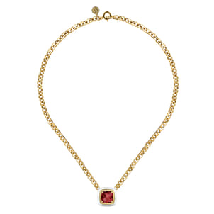 Enamel - 14K Yellow Gold Garnet Necklace With Flower Pattern J-Back and White Enamel