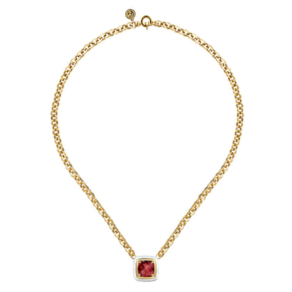 Enamel - 14K Yellow Gold Garnet Necklace With Flower Pattern J-Back and White Enamel