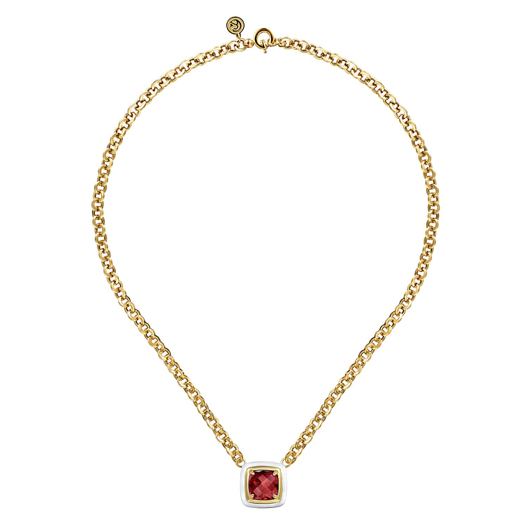 Enamel - 14K Yellow Gold Garnet Necklace With Flower Pattern J-Back and White Enamel