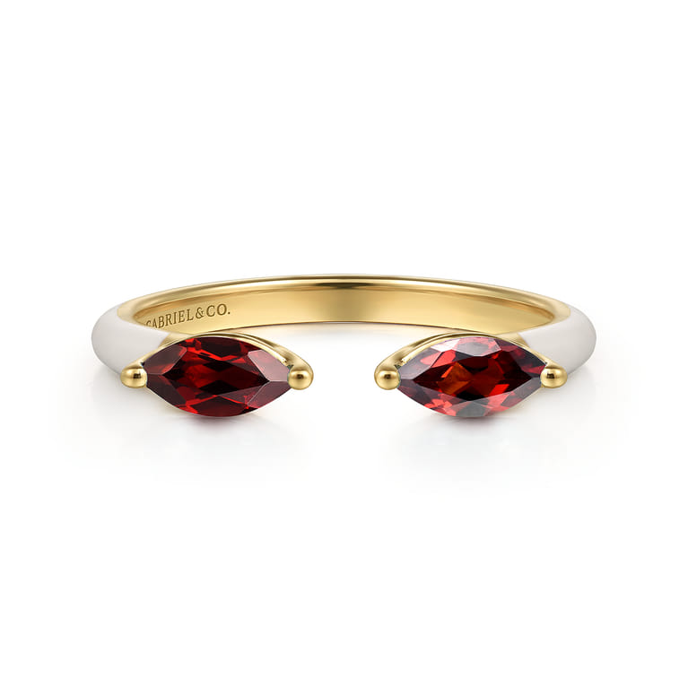 Enamel - 14K Yellow Gold Garnet Open Stackable with White Enamel - Shot 1
