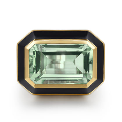 Enamel - 14K Yellow Gold Green Amethyst Cocktail Ring with Black Enamel