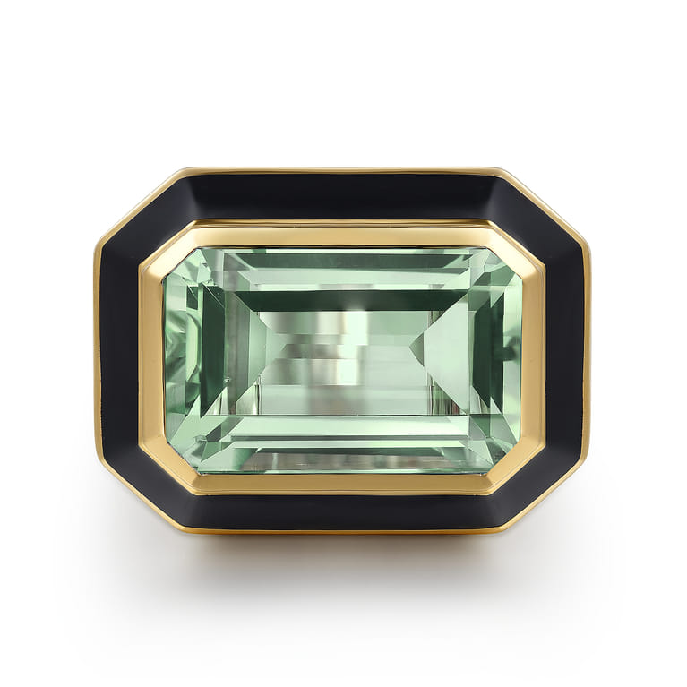 Enamel - 14K Yellow Gold Green Amethyst Cocktail Ring with Black Enamel - Shot 1