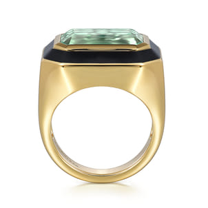 Enamel - 14K Yellow Gold Green Amethyst Cocktail Ring with Black Enamel