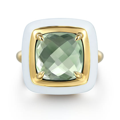 Enamel - 14K Yellow Gold Green Amethyst Cocktail Ring with White Enamel