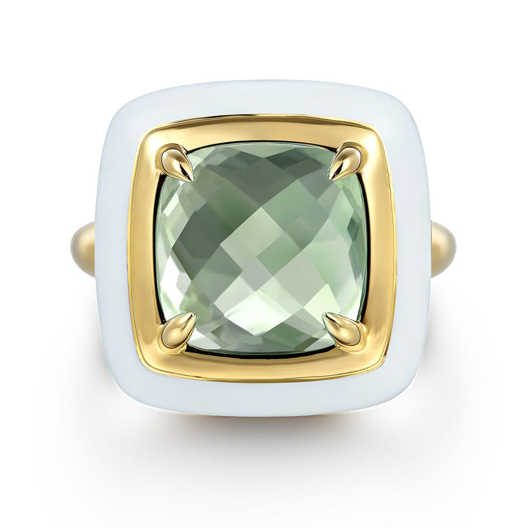 Enamel - 14K Yellow Gold Green Amethyst Cocktail Ring with White Enamel - Shot 1