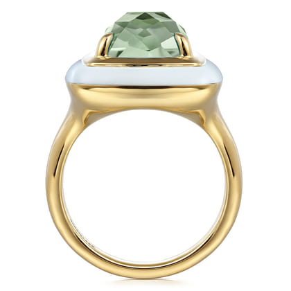 Enamel - 14K Yellow Gold Green Amethyst Cocktail Ring with White Enamel