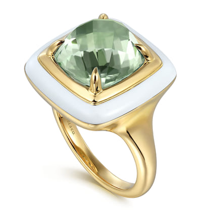 Enamel - 14K Yellow Gold Green Amethyst Cocktail Ring with White Enamel