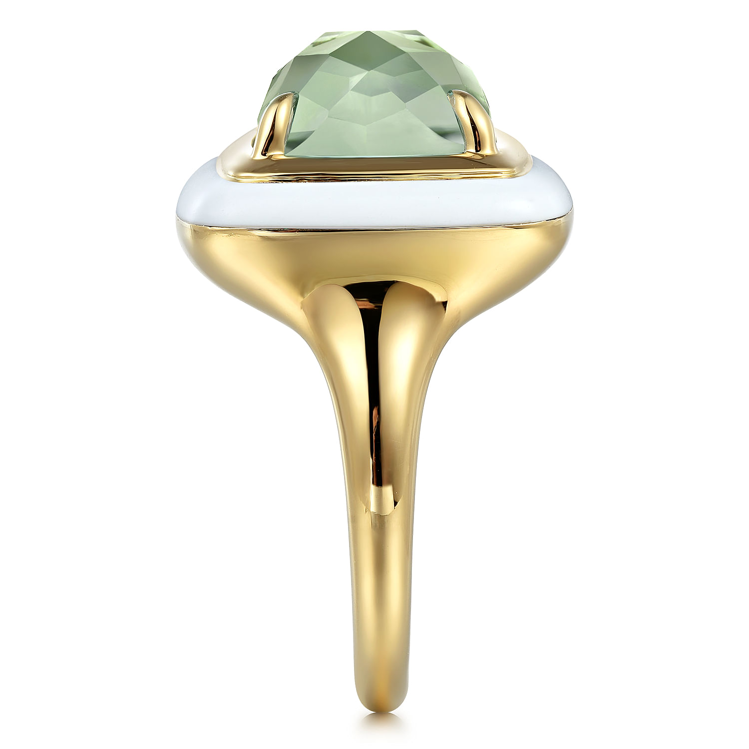 Enamel - 14K Yellow Gold Green Amethyst Cocktail Ring with White Enamel