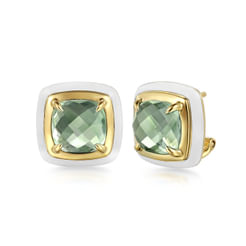 14K Yellow Gold Green Amethyst Earrings with White Enamel