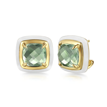 Enamel - 14K Yellow Gold Green Amethyst Earrings with White Enamel