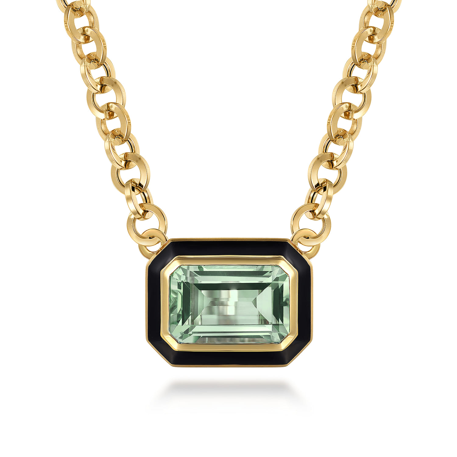 Enamel - 14K Yellow Gold Green Amethyst Necklace With Flower Pattern J-Back and Black Enamel - Shot 1
