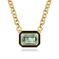 Enamel - 14K Yellow Gold Green Amethyst Necklace With Flower Pattern J-Back and Black Enamel