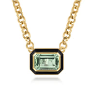 Enamel - 14K Yellow Gold Green Amethyst Necklace With Flower Pattern J-Back and Black Enamel
