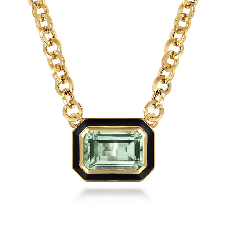 Enamel - 14K Yellow Gold Green Amethyst Necklace With Flower Pattern J-Back and Black Enamel - Shot 1