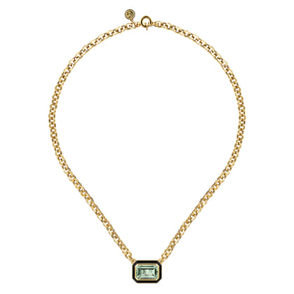 Enamel - 14K Yellow Gold Green Amethyst Necklace With Flower Pattern J-Back and Black Enamel