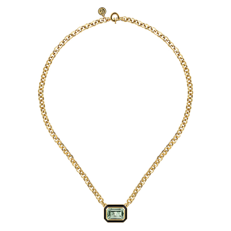 Enamel - 14K Yellow Gold Green Amethyst Necklace With Flower Pattern J-Back and Black Enamel - Shot 2