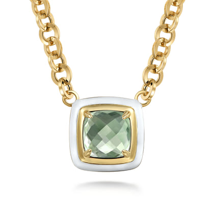 Enamel - 14K Yellow Gold Green Amethyst Necklace With Flower Pattern J-Back and White Enamel