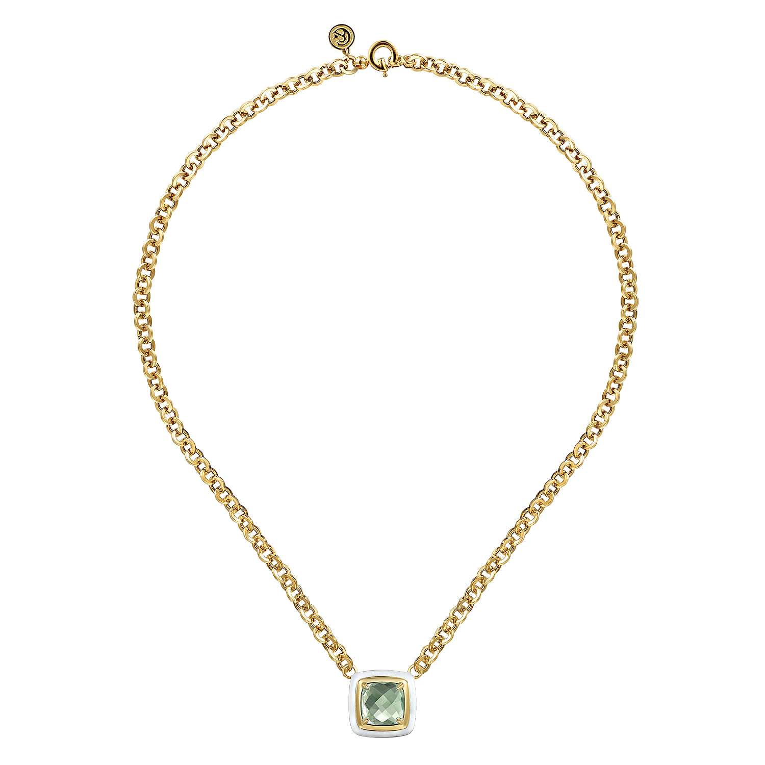 Enamel - 14K Yellow Gold Green Amethyst Necklace With Flower Pattern J-Back and White Enamel
