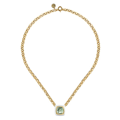 Enamel - 14K Yellow Gold Green Amethyst Necklace With Flower Pattern J-Back and White Enamel