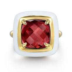 Enamel - 14K Yellow Gold Green Garnet Cocktail Ring with White Enamel