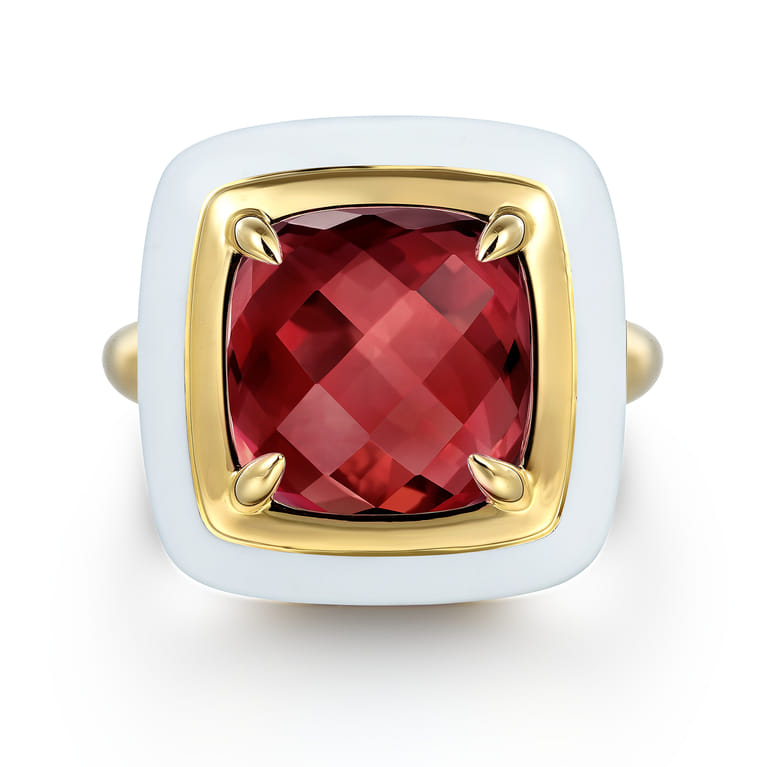 Enamel - 14K Yellow Gold Green Garnet Cocktail Ring with White Enamel - Shot 1