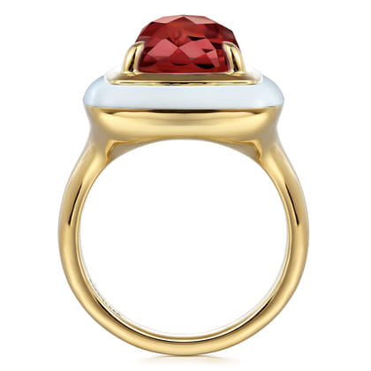 Enamel - 14K Yellow Gold Green Garnet Cocktail Ring with White Enamel