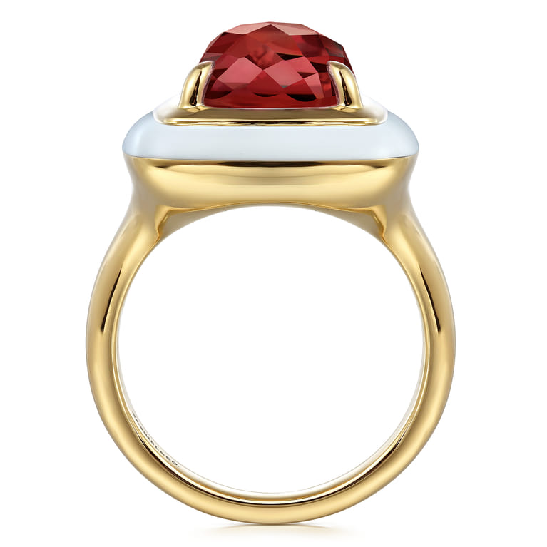 Enamel - 14K Yellow Gold Green Garnet Cocktail Ring with White Enamel - Shot 2