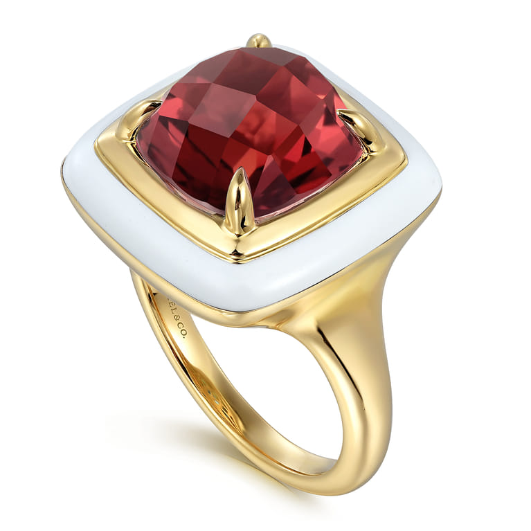 Enamel - 14K Yellow Gold Green Garnet Cocktail Ring with White Enamel - Shot 3