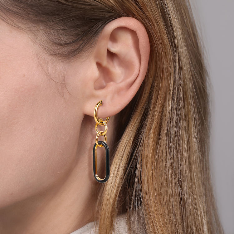 Enamel - 14K Yellow Gold Hollow Tube Drop Earring with Black Enamel