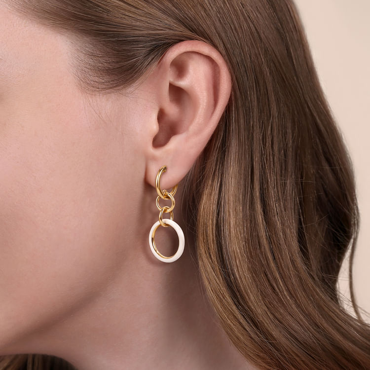 Enamel - 14K Yellow Gold Hollow Tube Drop Earring with White Enamel