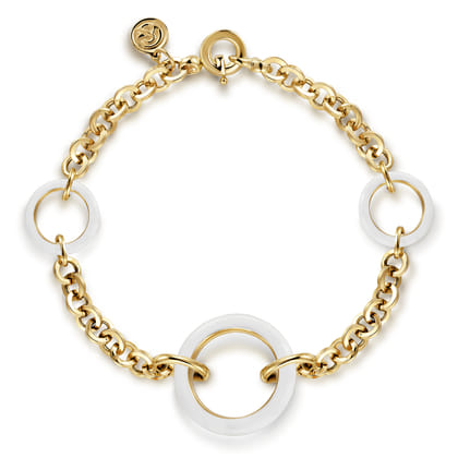 Enamel - 14K Yellow Gold Hollow Tube Link Bracelet with White Enamel
