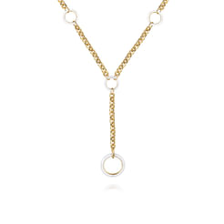 Enamel - 14K Yellow Gold Hollow Tube Link Y knot Necklace with White Enamel