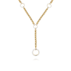Enamel - 14K Yellow Gold Hollow Tube Link Y knot Necklace with White Enamel