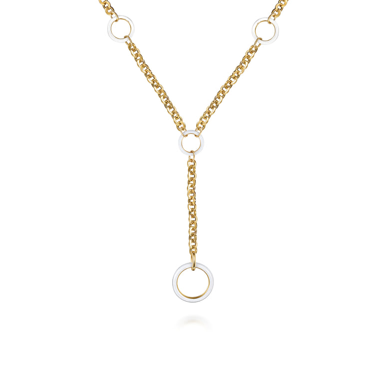 Enamel - 14K Yellow Gold Hollow Tube Link Y knot Necklace with White Enamel - Shot 1