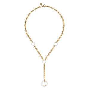 Enamel - 14K Yellow Gold Hollow Tube Link Y knot Necklace with White Enamel