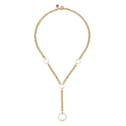 Enamel - 14K Yellow Gold Hollow Tube Link Y knot Necklace with White Enamel