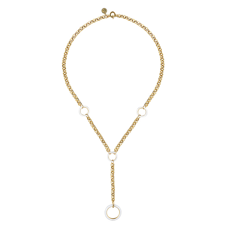 Enamel - 14K Yellow Gold Hollow Tube Link Y knot Necklace with White Enamel - Shot 2