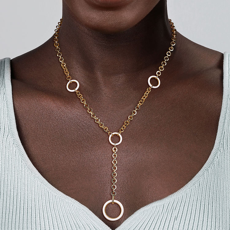 Enamel - 14K Yellow Gold Hollow Tube Link Y knot Necklace with White Enamel